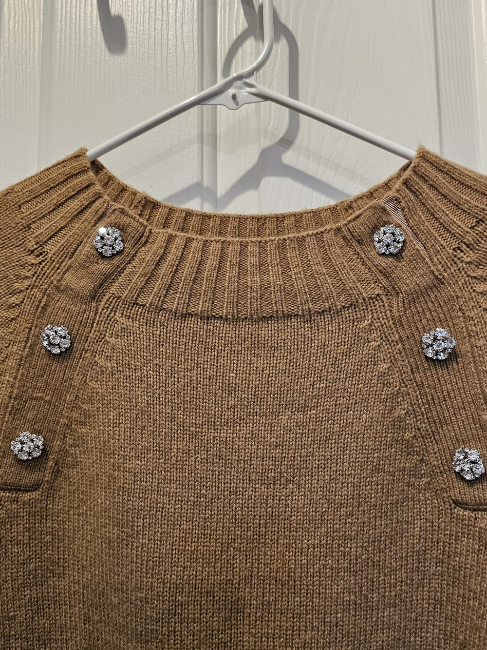 Womens J. Crew Camel Crewneck Sweater With Rhinestone Buttons - Picture 2 of 5